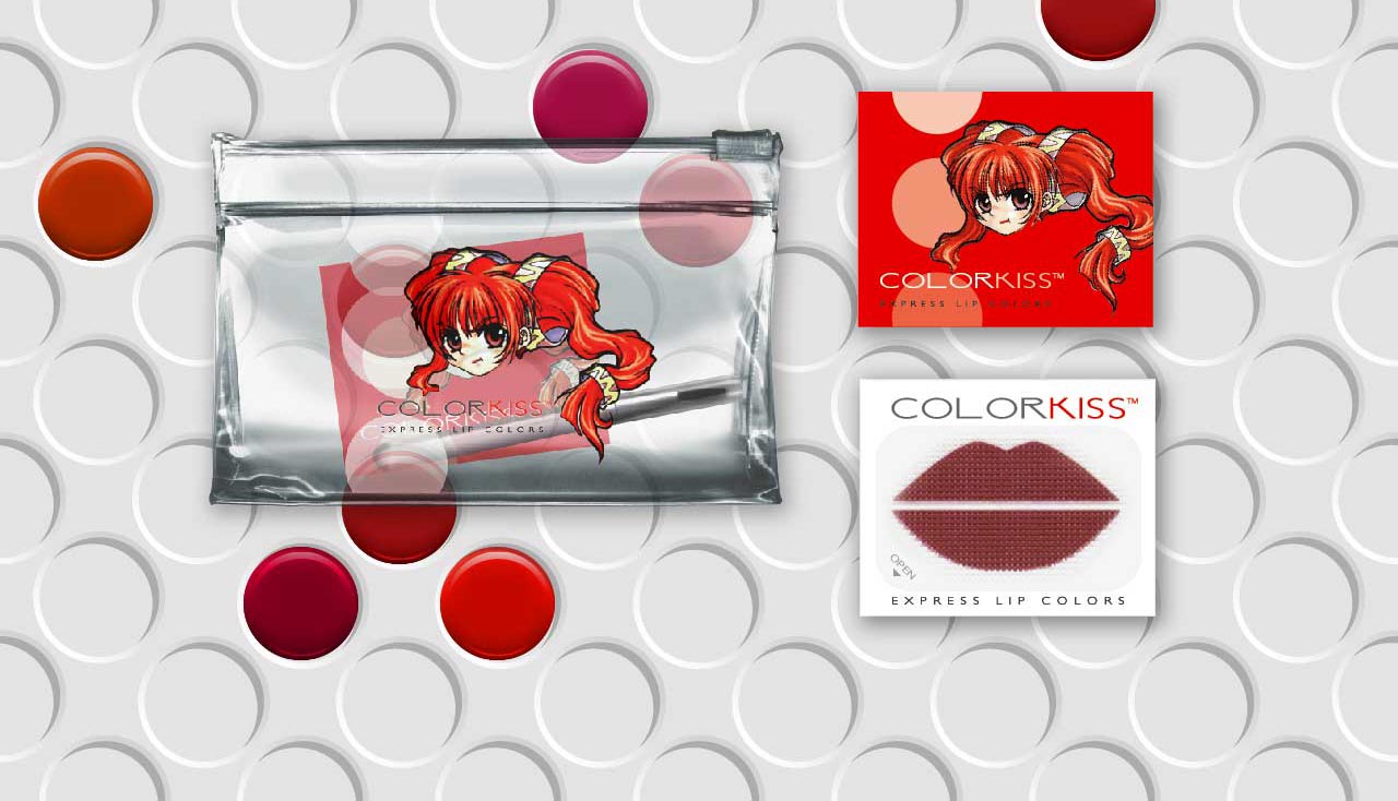 candy-looking lip color palette for colorkiss with japanese anime character on packaging