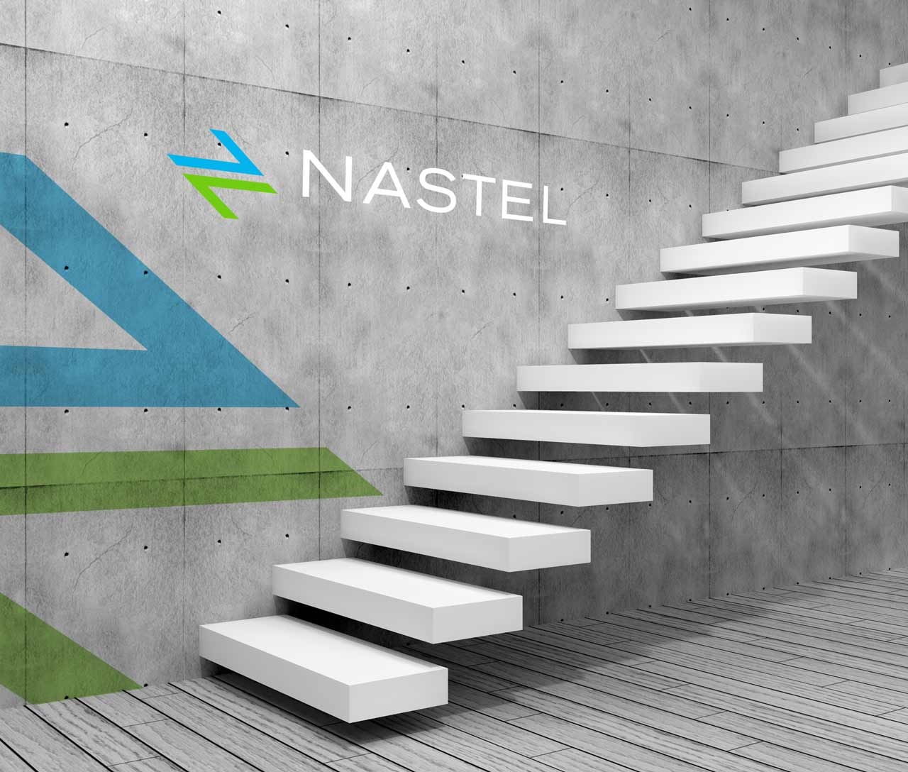 futuristic office interior with nastel logo on wall and super graphic next to floating stairs