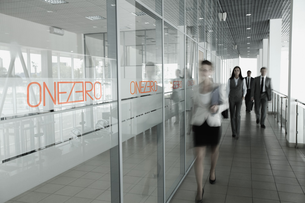 contemporary office glass exterior panels with smart onezero logo